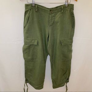 Linen Cargo Capri Cropped Utility Green Pants Size 10